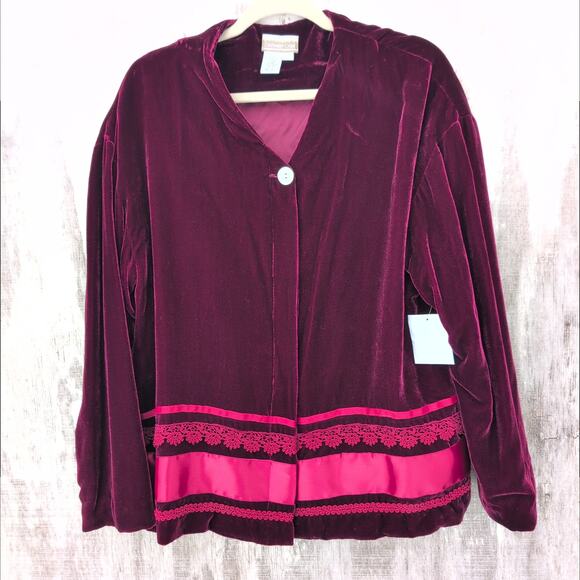 Eclectic Vintage Coldwater Creek Velvet Silk Crimson Button Up Top Women's Large - Picture 1 of 10